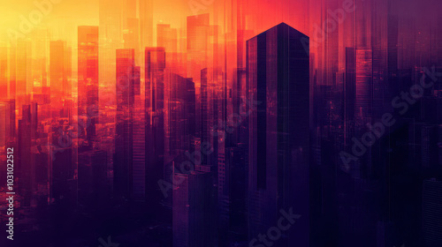 Abstract cityscape silhouettes in warm orange and purple sunset hues: A high-resolution digital backdrop ideal for urban development and real estate themes with space for text overlay.