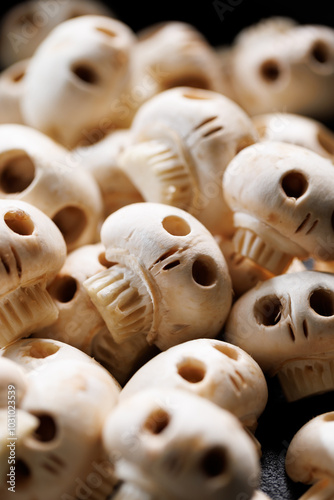 Mushroom skulls, focus on the middle, close up view. Halloween food concept