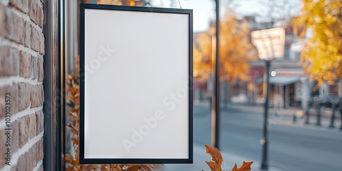 blank vertical canvas hanging on grocery store window