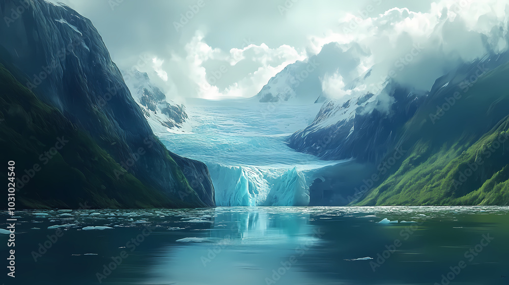 Majestic glacier in serene fjord landscape. Majestic Fjord. Illustration Majestic glacier in serene fjord landscape. Majestic Fjord. Illustration