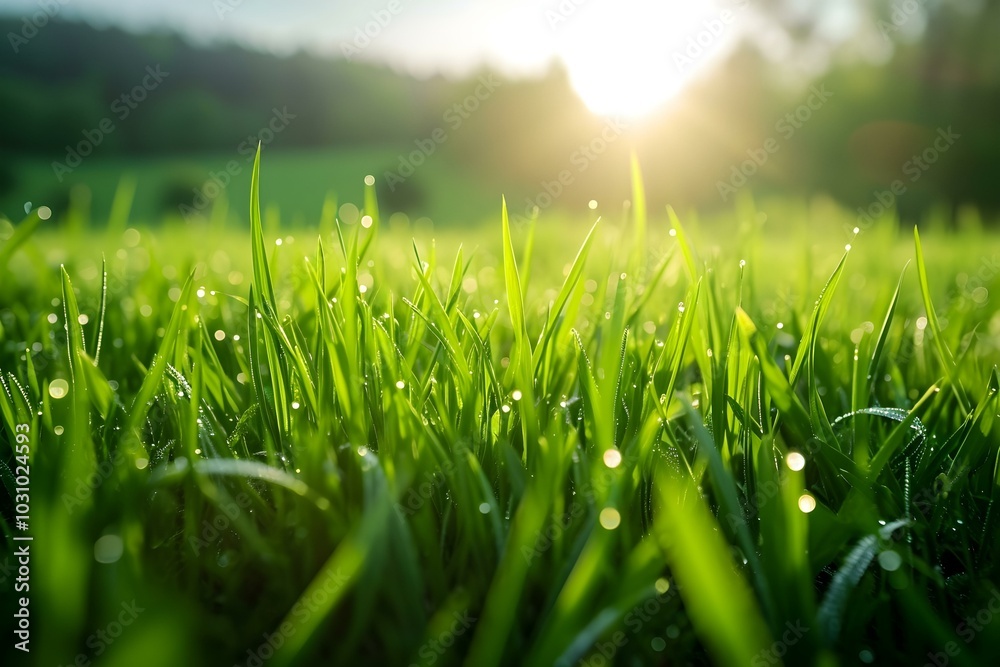 Fresh Green Grass with Dew at Sunrise
