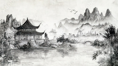 Chinese ink and water landscape painting, traditional artistic wallpaper
