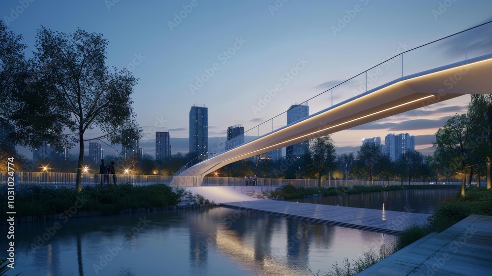 Obraz premium Urban Elegance Contemporary Pedestrian Bridge Over Tranquil River at Dusk