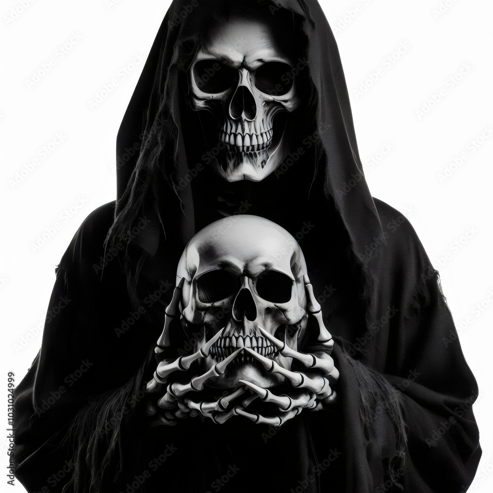 Grim reaper holding a skull isolated on white background. Death concept Grim reaper holding a skull isolated on white background. Death concept