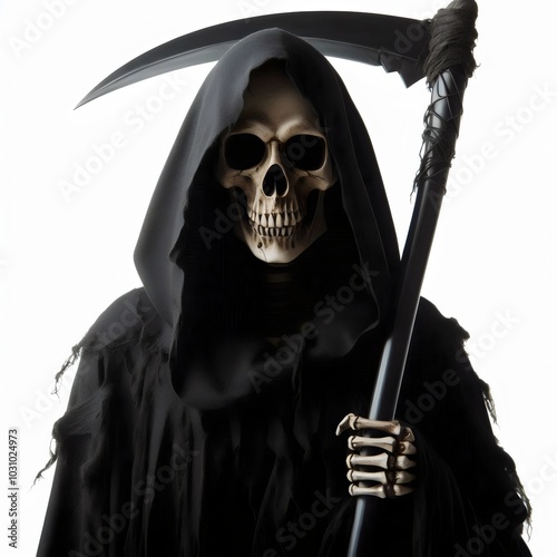death with scythe on white background, grim reaper 