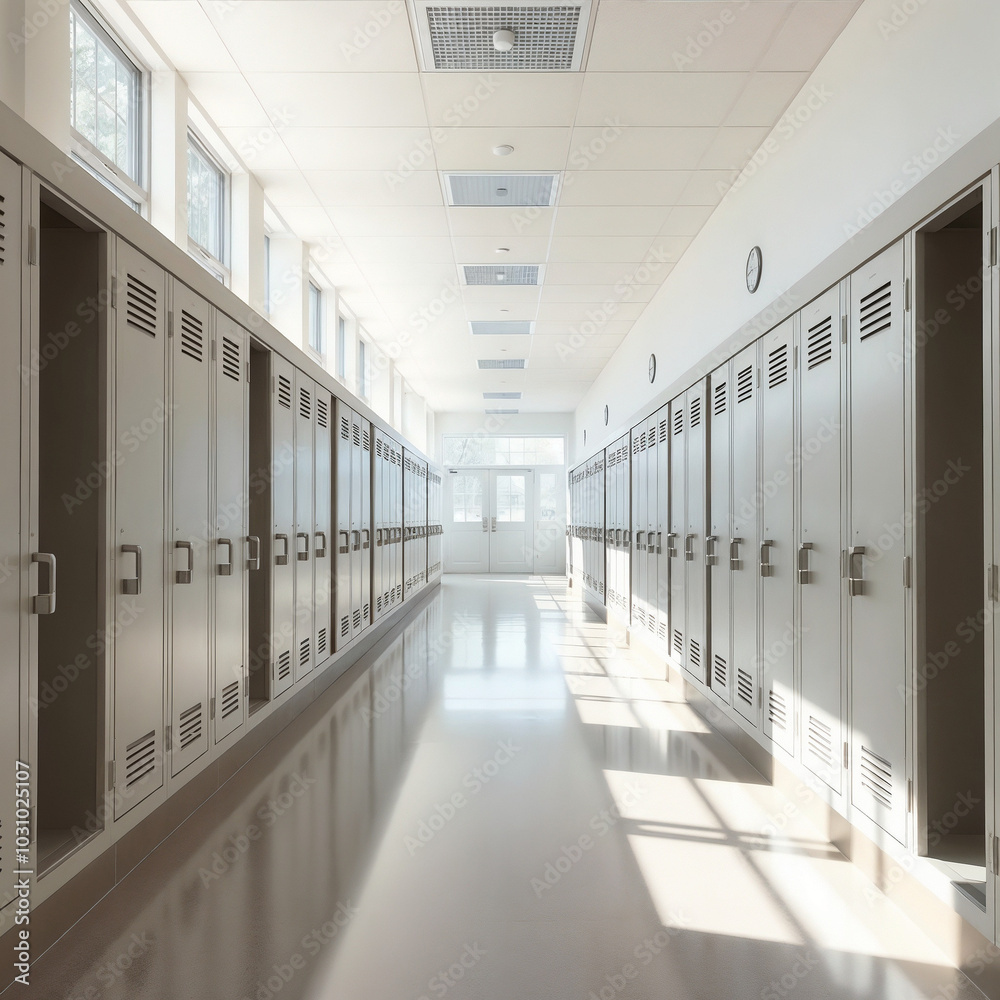 Empty School Hallway with Open Lockers, Bright and Symmetrical, Natural Lighting Empty School Hallway with Open Lockers, Bright and Symmetrical, Natural Lighting