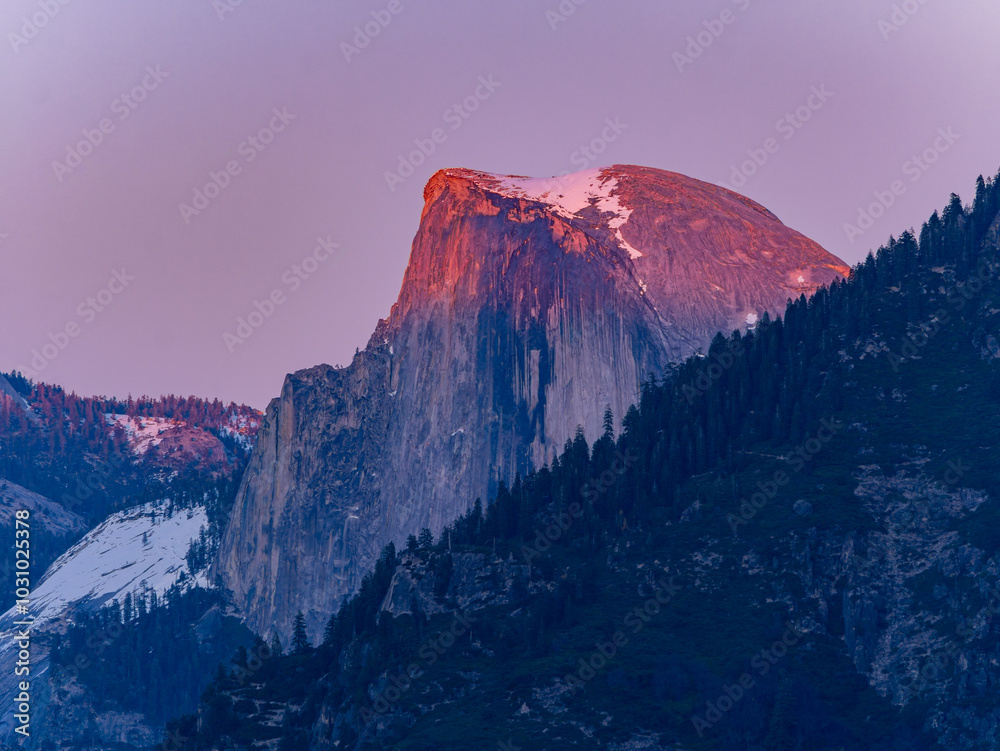 Sunset view of the beautiful half dome at Yosemite National Park