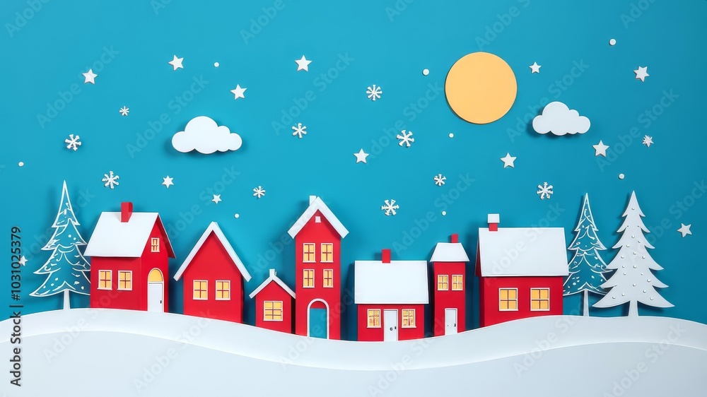 Winter scene night sky in city town paper art Winter background. Christmas season paper cut style illustration red houses Christmas New Year banner for children