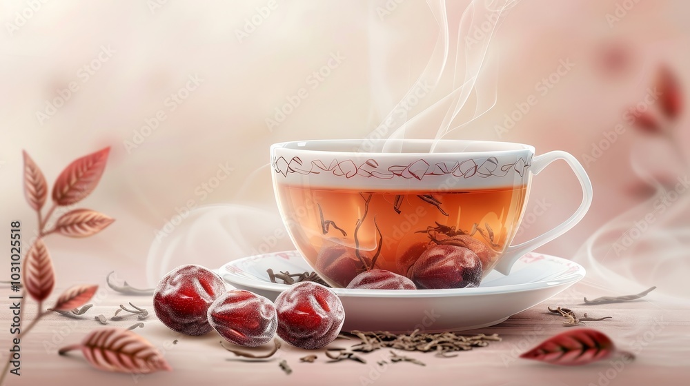 Steaming Cup of Serenity Jujube Tea in Porcelain with Dried Jujubes and Loose Leaves