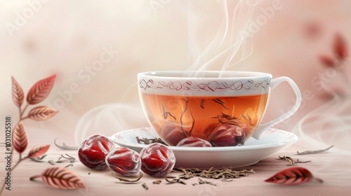 Steaming Cup of Serenity Jujube Tea in Porcelain with Dried Jujubes and Loose Leaves