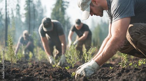 Volunteer team planting trees in a rehabilitated area after a forest fire, showcasing hope and recovery efforts photo photo