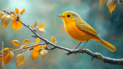 Mustard Yellow Bird Perched Elegantly on Tree Branch with Autumn Leaves, Captivating Nature Scene, Vibrant Colors, Wildlife Inspiration photo