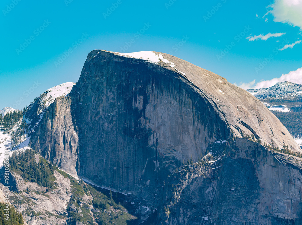 Sunny view of the beautiful half dome at Yosemite National Park