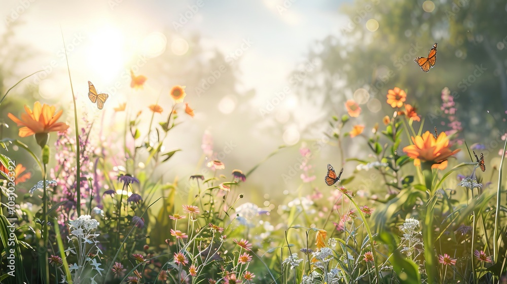 Fototapeta premium Enchanted Meadow Sunlit Serenity with Butterflies and Wildflowers