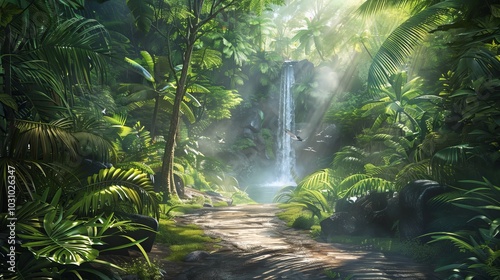 Enchanting Rainforest Trail Sunlit Pathway Through Lush Greenery with Exotic Birds and Majestic Waterfall in the Distance