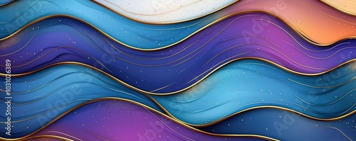 Colorful curved background with blue, purple waves, golden paths, trendy texture for wallpaper
