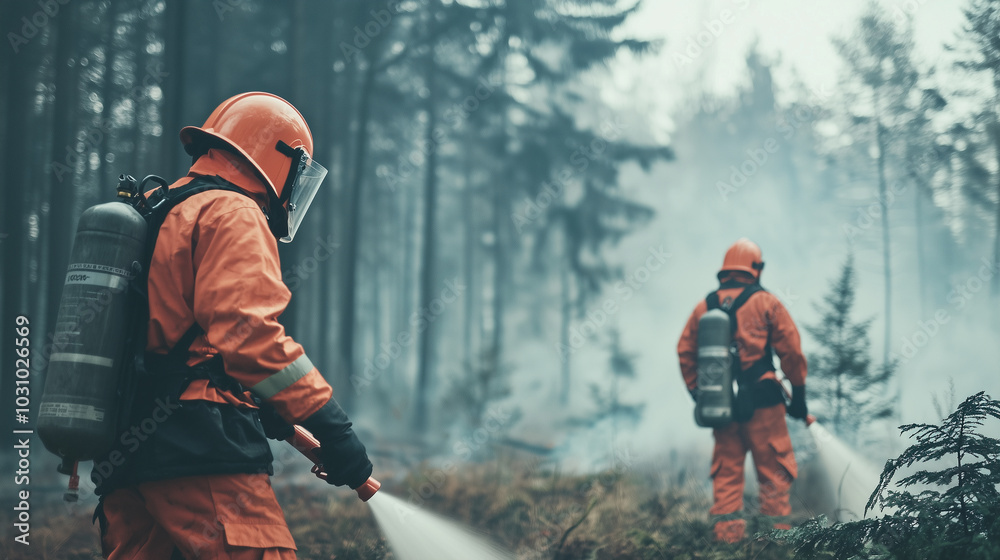 Obraz premium Emergency response team using handheld fire extinguishers to combat flames in a small forest area, demonstrating teamwork and urgency photo