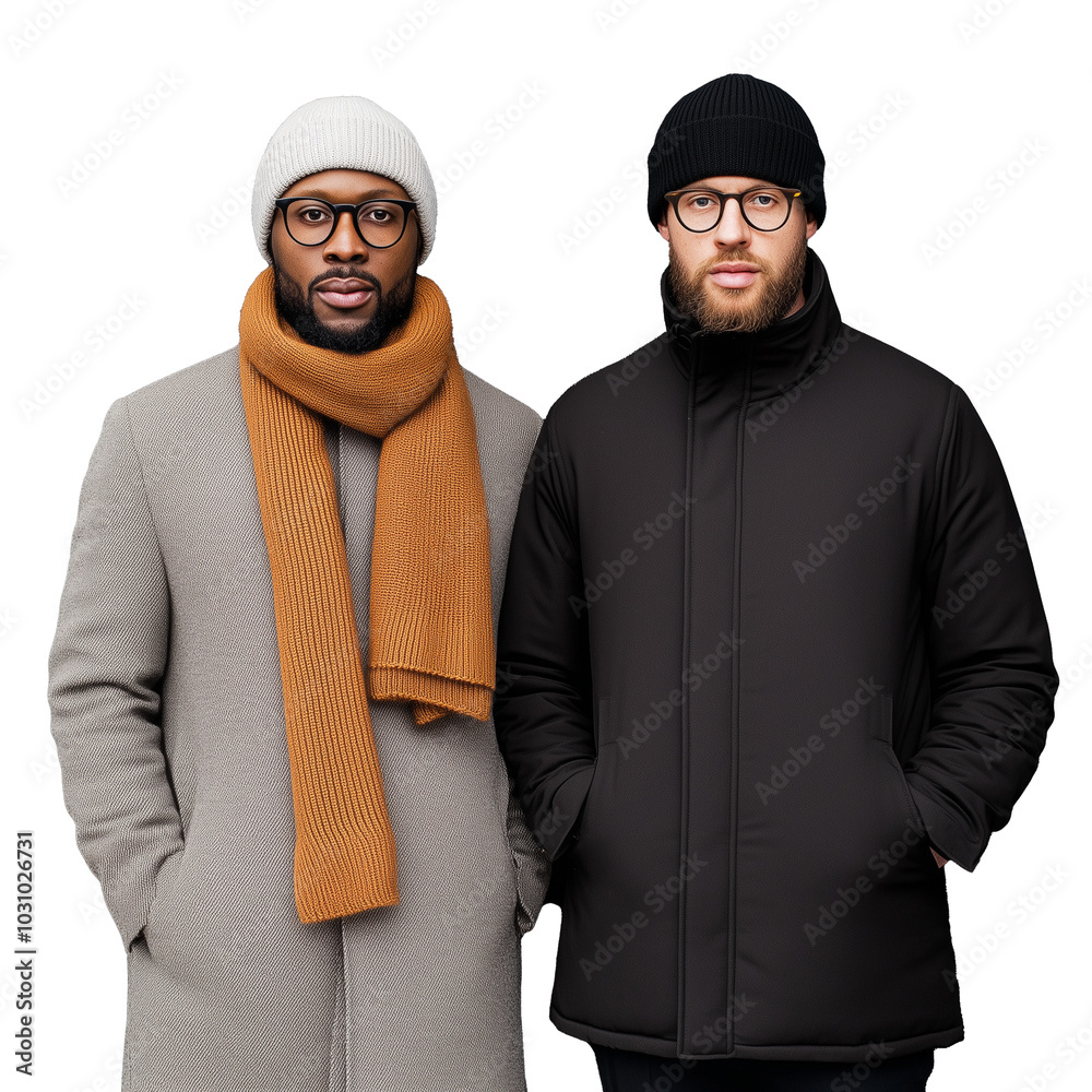 Two men wearing winter coats and scarves standing side by side, both smiling, on a transparent background Two men wearing winter coats and scarves standing side by side, both smiling, on a transparent background