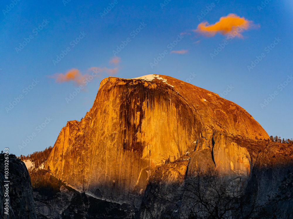 Sunset view of the beautiful half dome at Yosemite National Park