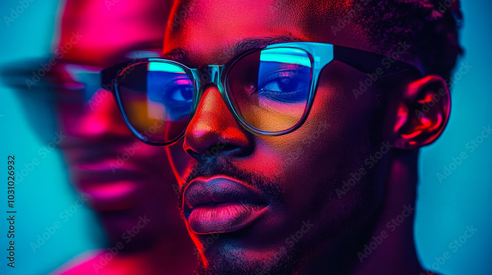 Stylish Black Man with Glasses in Neon Lighting, Cool Vibrant Portrait Celebrating Urban Lifestyle, Modern Art Aesthetic Stylish Black Man with Glasses in Neon Lighting, Cool Vibrant Portrait Celebrating Urban Lifestyle, Modern Art Aesthetic