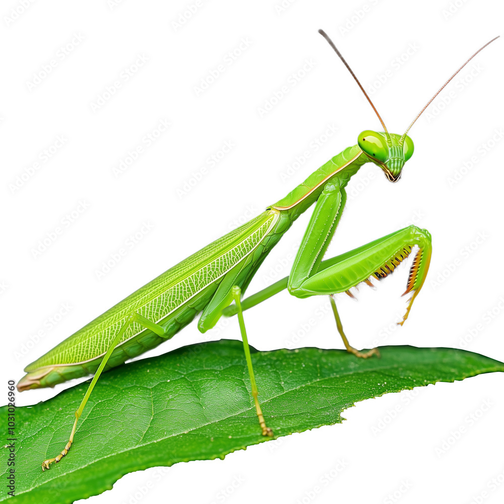 Green praying mantis perched on a leaf, showcasing its long legs and slender body on a transparent background Green praying mantis perched on a leaf, showcasing its long legs and slender body on a transparent background