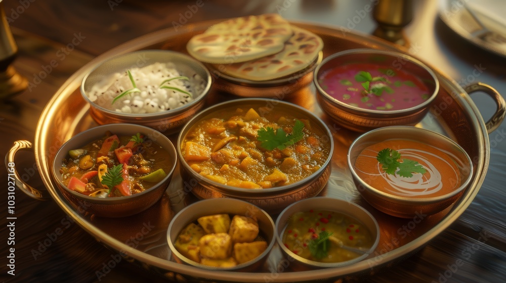 Exquisite Indian Thali Colorful Dal Curries Fresh Raita and Fluffy Roti on Round Tray Authentic Cuisine Spread for Vibrant Dining Experience Exquisite Indian Thali Colorful Dal Curries Fresh Raita and Fluffy Roti on Round Tray Authentic Cuisine Spread for Vibrant Dining Experience