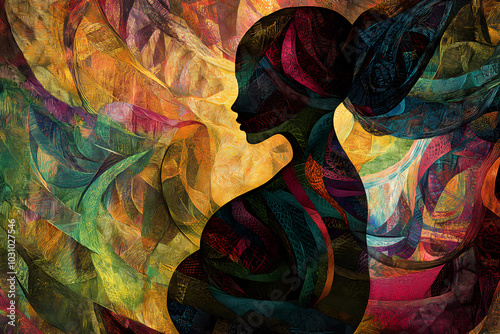 image of a pregnant woman, blending intricate geometric patterns with vibrant colors, creating a mystical and artistic representation