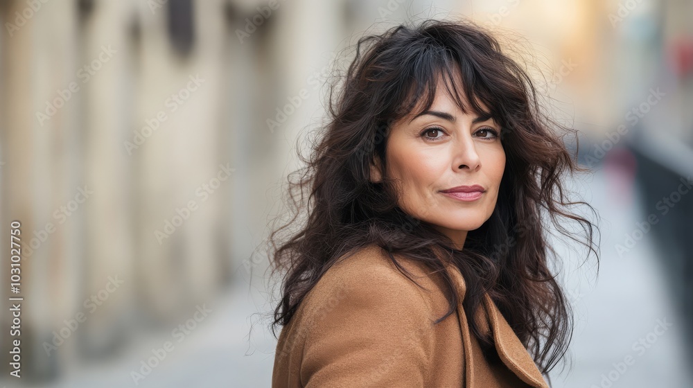 Hispanic Woman Walking in the City: Outdoor Portrait of Pretty Middle-Age Woman with Brown Hair Hispanic Woman Walking in the City: Outdoor Portrait of Pretty Middle-Age Woman with Brown Hair