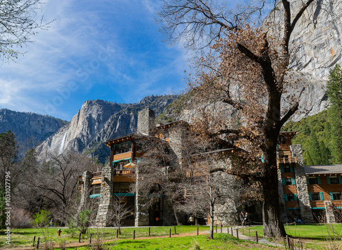 Exterior view of the famous The Ahwahnee hotel at Yosemite National Park photo