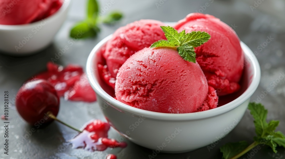 Frozen Delight Refreshing Cherry Sorbet with Fresh Mint Leaves Summer Cooling Treat Frozen Delight Refreshing Cherry Sorbet with Fresh Mint Leaves Summer Cooling Treat