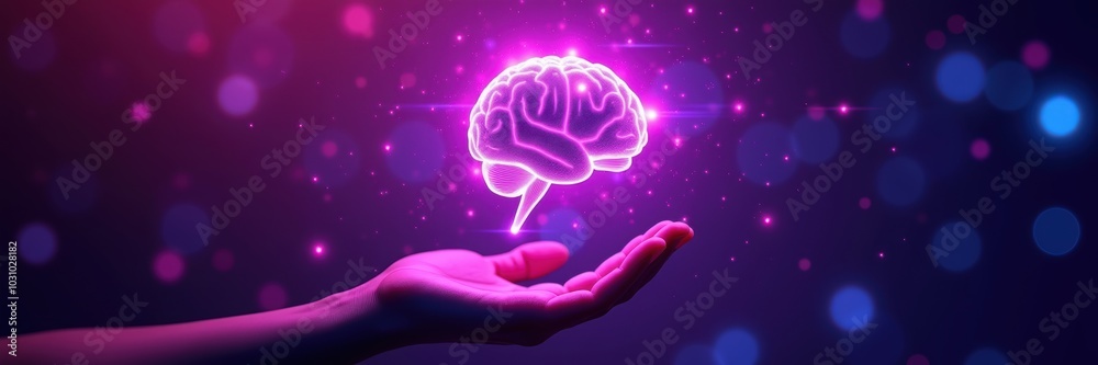 A glowing brain icon emerging from a hand, symbolizing creativity, innovation, and the power of ideas. Ideal for tech, education, and mental health themes. A glowing brain icon emerging from a hand, symbolizing creativity, innovation, and the power of ideas. Ideal for tech, education, and mental health themes.