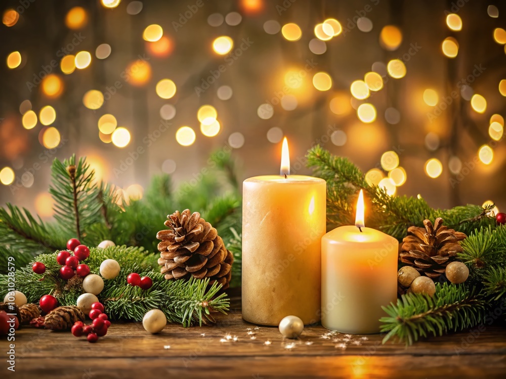 Warm Christmas Candles in Cozy Holiday Setting with Soft Lights and Bokeh