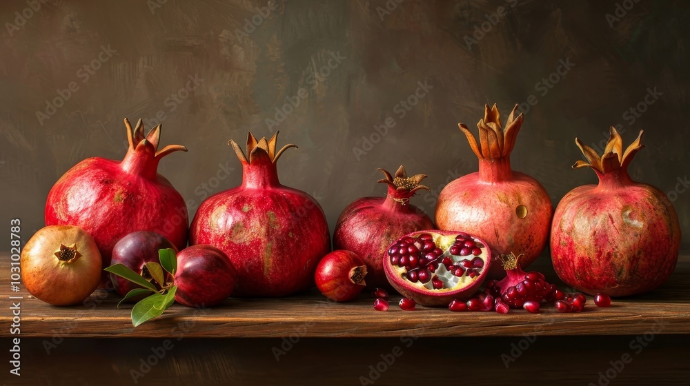 Crimson Harvest A Stunning Array of Pomegranate Varieties in Vivid Hues on Rustic Wood Background Crimson Harvest A Stunning Array of Pomegranate Varieties in Vivid Hues on Rustic Wood Background
