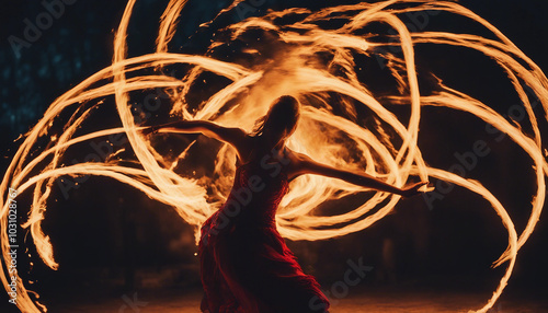 A fire dancer performs at night, with flames creating dynamic light trails against a dark sky.






 photo