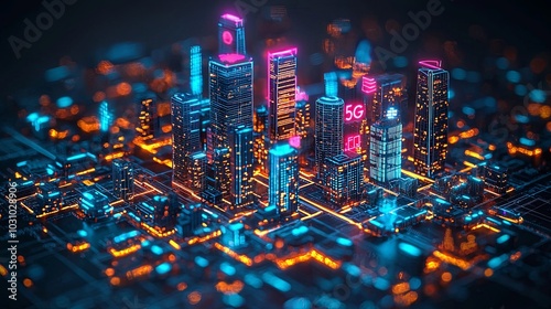 This futuristic city model showcases bright yellow and blue circuits, symbolizing advanced connectivity, smart cities, and technological growth in urban spaces.