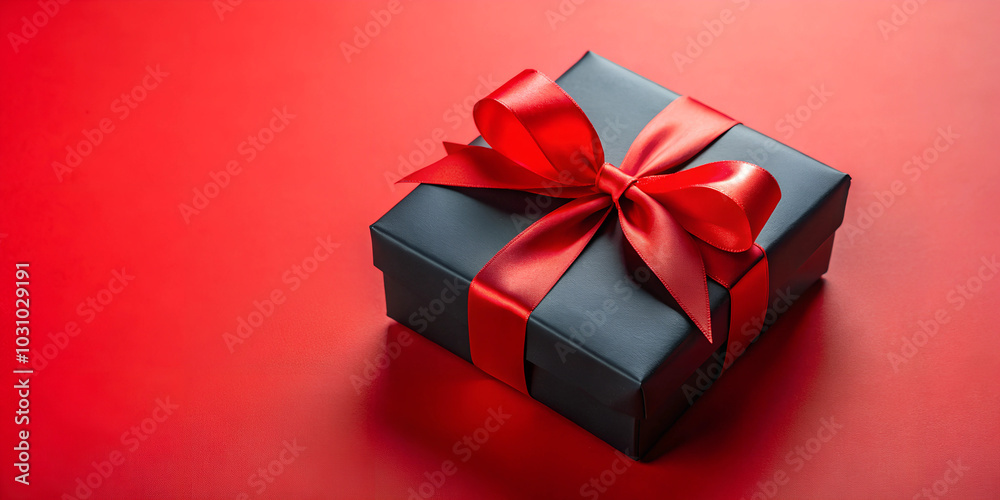 Concept of Black friday. A black gift box with a beautiful red bow on the red background Concept of Black friday. A black gift box with a beautiful red bow on the red background