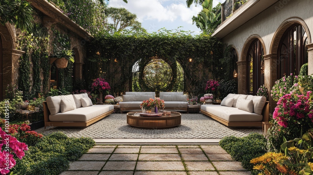 Elegant Outdoor Patio with Lush Greenery and Flowers