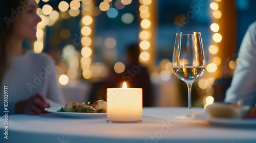 Elegant Nighttime Date A beautiful scene of a couple engaging in delightful conversation at an upscale restaurant during the evening. The gentle glow of the candle between them enh photo