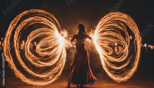 A fire dancer performs at night, with flames creating dynamic light trails against a dark sky.






 photo