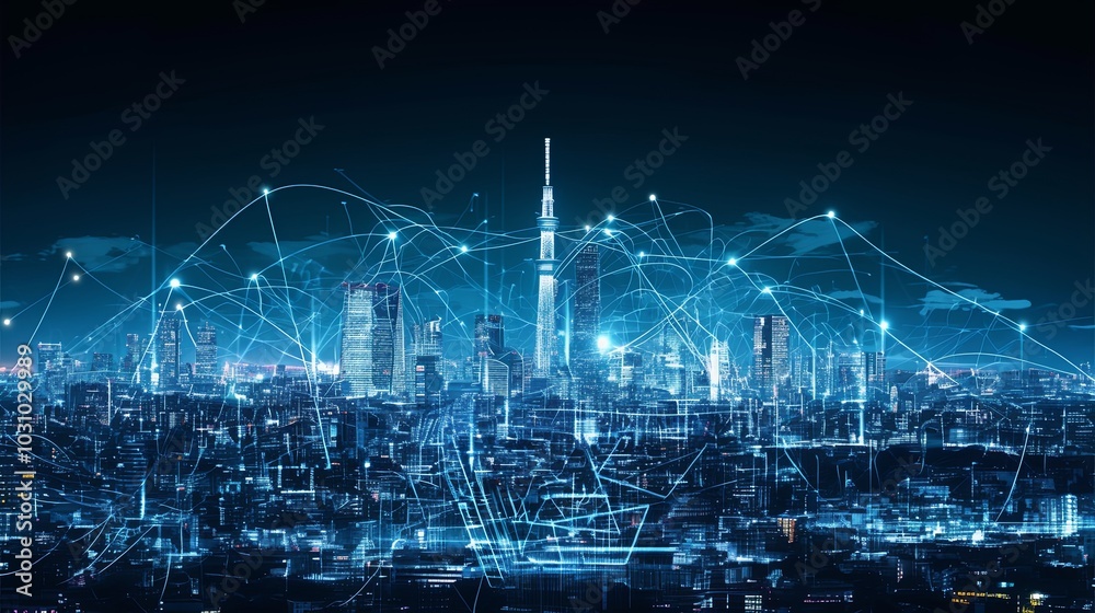 A digitally enhanced cityscape at night illuminated by interconnecting blue lines, symbolizing connectivity, network technologies, and modern urban life. A digitally enhanced cityscape at night illuminated by interconnecting blue lines, symbolizing connectivity, network technologies, and modern urban life.