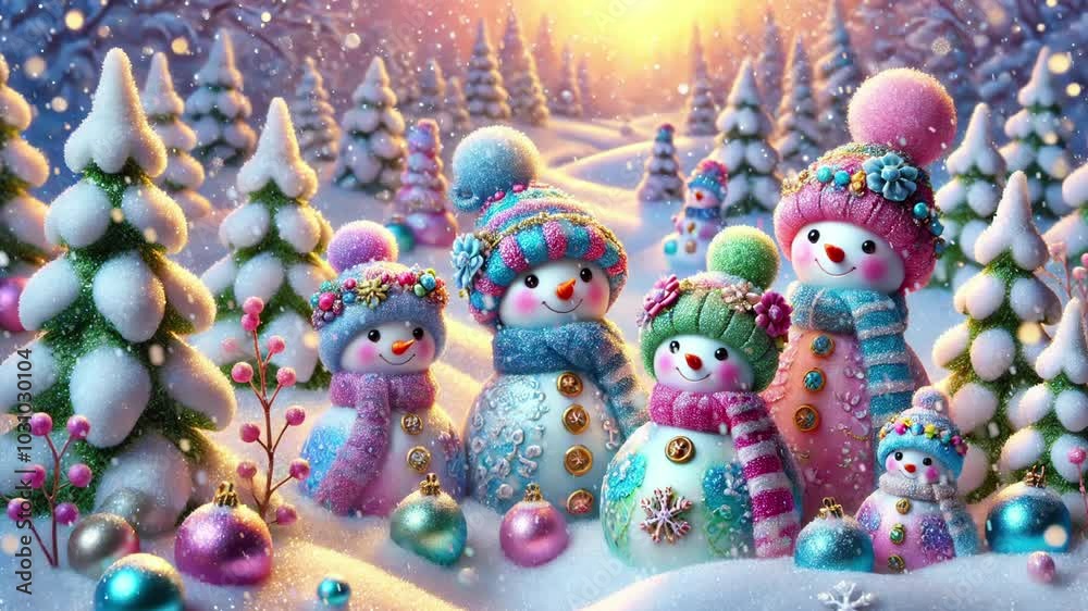 Winter background with snow and snowmen in bright clothes - Background with snowfall Winter background with snow and snowmen in bright clothes - Background with snowfall