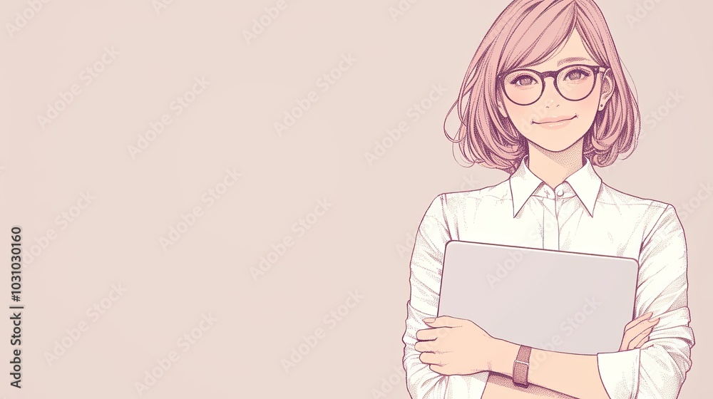 Illustration of a confident woman with glasses holding a laptop, wearing a white shirt, exuding professionalism and approachability in an office setting. Illustration of a confident woman with glasses holding a laptop, wearing a white shirt, exuding professionalism and approachability in an office setting.