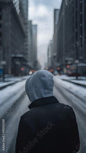 Winter Solitude: A lone figure, shrouded in a grey hoodie and black coat, walks away from the camera down a snow-covered city street. The urban landscape stretches into the distance.