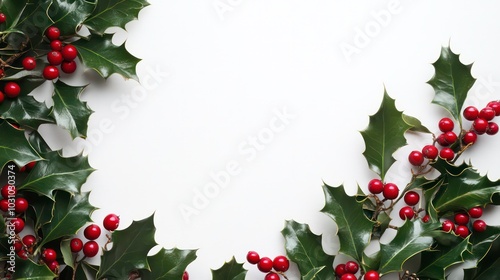 A white background with a border of holly leaves and red berries.