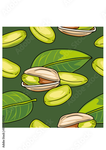 Pistachios isolated on dark green background. Seamless pattern