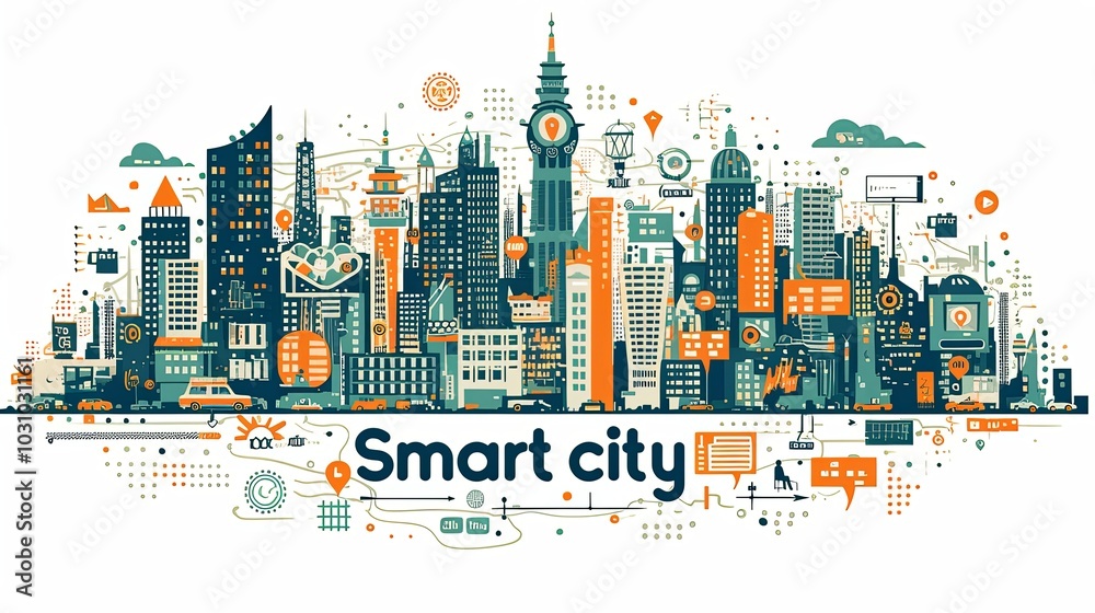 Obraz premium A colorful illustration of a smart city concept, featuring diverse architectural elements and digital icons, emphasizing urban innovation and connectivity.