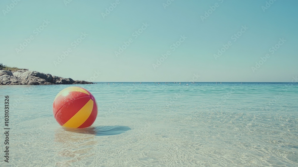 Colorful Beach Ball on Serene Water Surface Colorful Beach Ball on Serene Water Surface