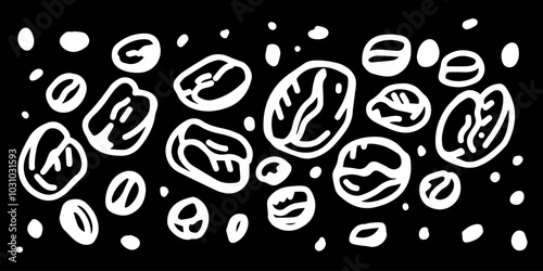 
A hand-drawn black and white illustration of coffee beans in various sizes, ideal for coffee-themed designs, branding, or minimalist artwork