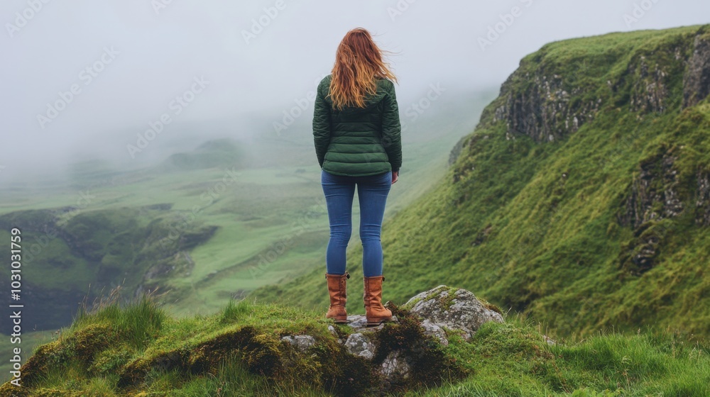 woman standing on a cliff in Ireland with lush green landscape woman standing on a cliff in Ireland with lush green landscape