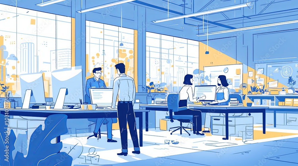 Obraz premium A modern open office layout with employees engaged in discussion and work, highlighting teamwork and productivity in a bright and structured environment.